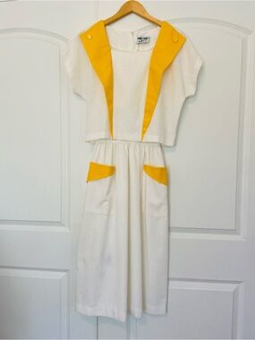 Vtg 70s Retro Midi Dress Yellow White Small Melissa Lane 1970s Career Dress